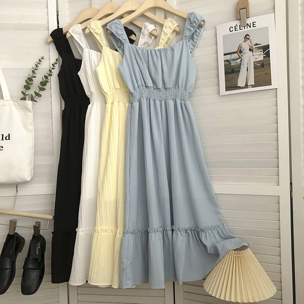 

Summer Women Strap Dress Korean Style Solid Color Elastic High Waist Sleeveless Slip Dresses for Holiday Female Beach Sundress