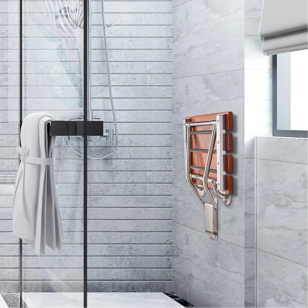 Folding Shower Seat and Bench Wall Mounted Shower Stool Collapsible for Inside Shower Bathroom Bathtub 350lb Capacity Teak Wood 5