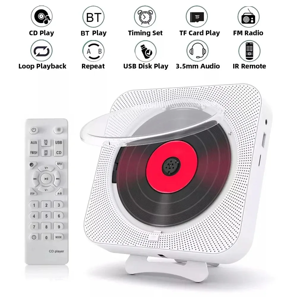 Portable CD Player Bluetooth Speaker Stereo CD Players LED Screen Wall Mountable Music Player with IR Remote Control FM Radio