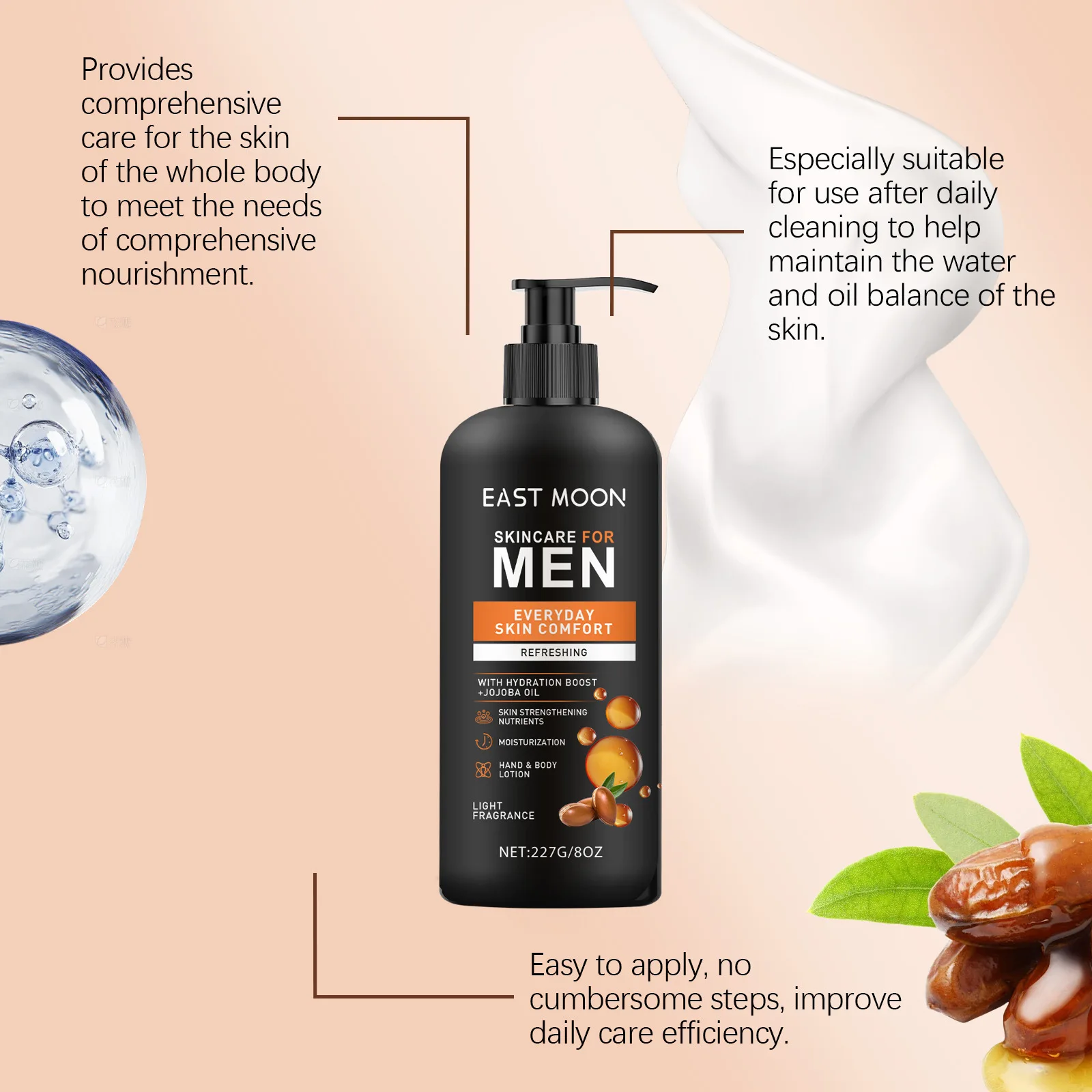 East Moon Serie di lozioni per il corpo da uomo Idratare a secco Migliora il controllo dell'olio cadente Fragranza duratura Illumina la pelle Creme nutrienti 2