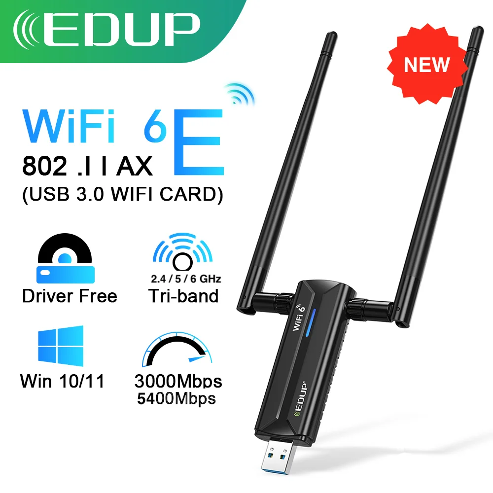 

EDUP Free Driver AX5400 WiFi 6E Adapter USB3.0 Dongle High Gain Antenna Wireless Network Card Tri Band 2.4G/5G/6GHz Wi-Fi