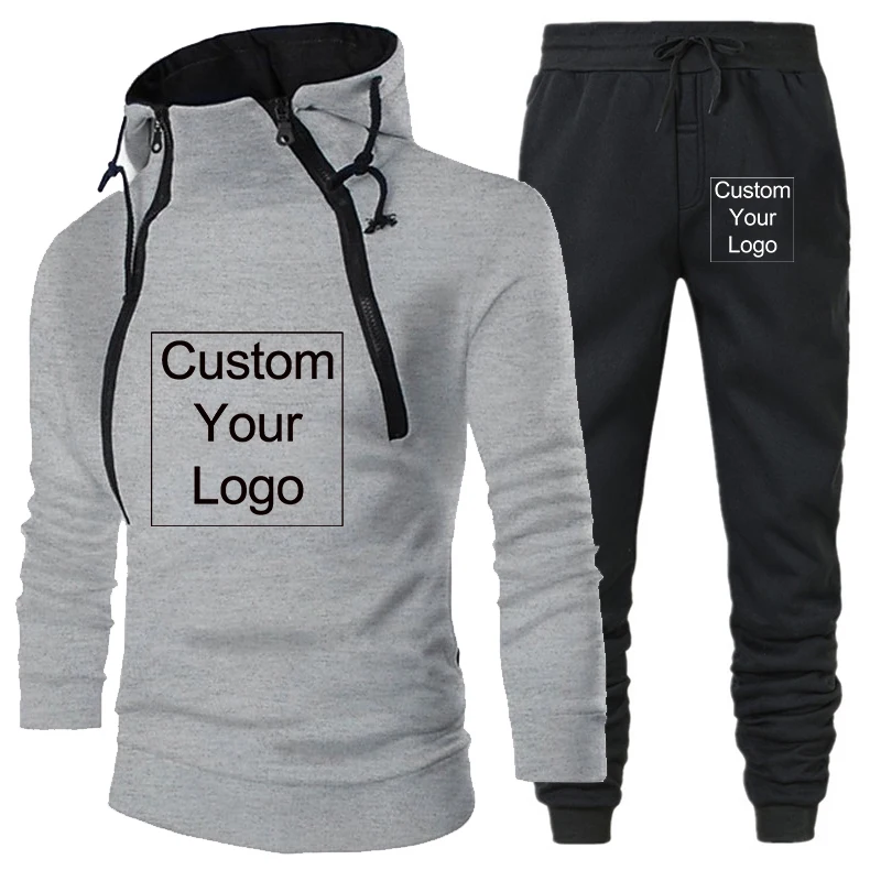Spring Autumn Custom Logo New Fashion Placket Double Zipper Cardigan Contrast Hooded Coat Suit 2 Pcs Tracksuit