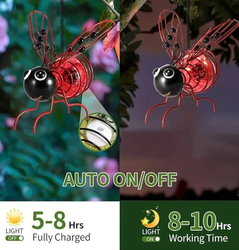 5PCS Solar-Powered Hanging Metal Ladybug Light  Garden Decor  Lady Sculpture with Bouncy Springs Summer Outdoor Art Decorations 3