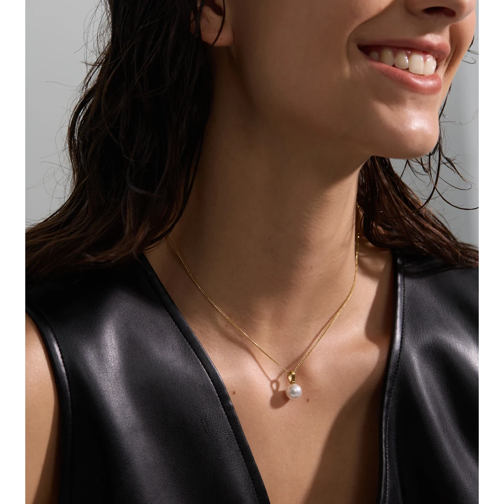 Yhpup Necklace Simulated Pearls Round Pendant PVD Plated for Women