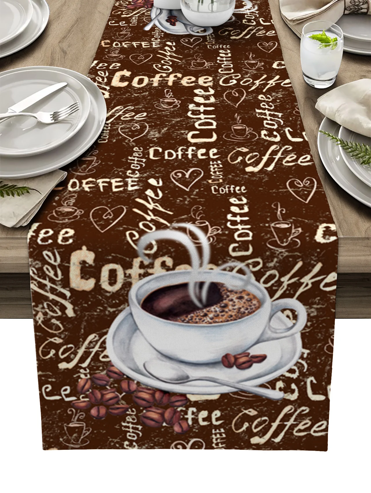 

Vintage Style Coffee Beans Sugar Linen Table Runner Kitchen Table Decoration Farmhouse Dining Table Cloth Wedding Party Decor