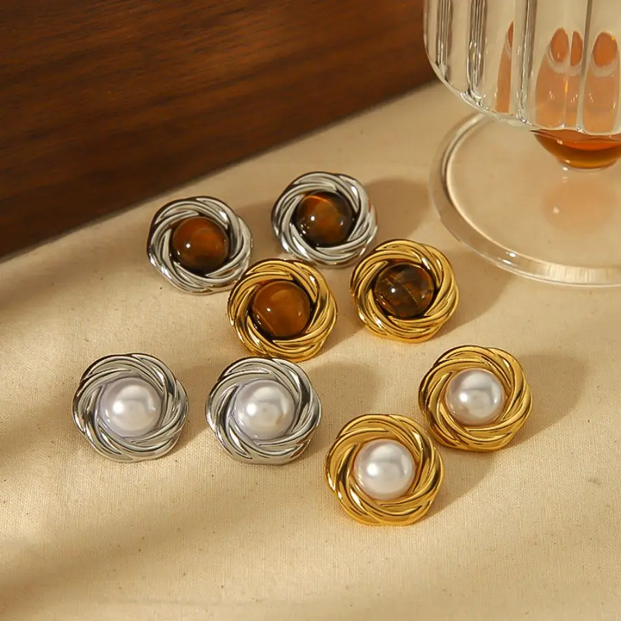 New Products Statement Nature Stone Tiger-eye Earrings Waterproof Gold Plated Stainless Steel Pearl Stud Earrings for Women 4