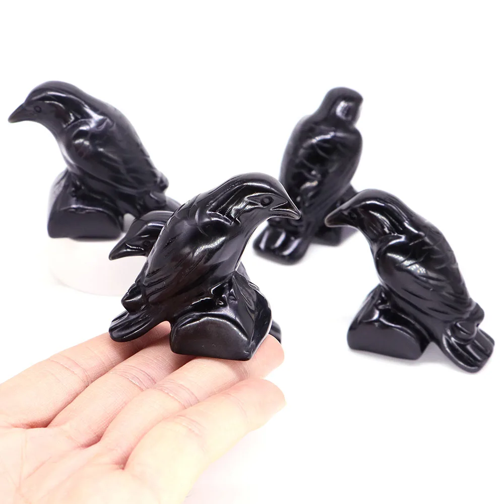 

2.3" Crystal Raven Statue Sacred Halloween Gifts Natural Black Obsidian Healing Stone Carved Crow Figurine Crafts Home Ornaments