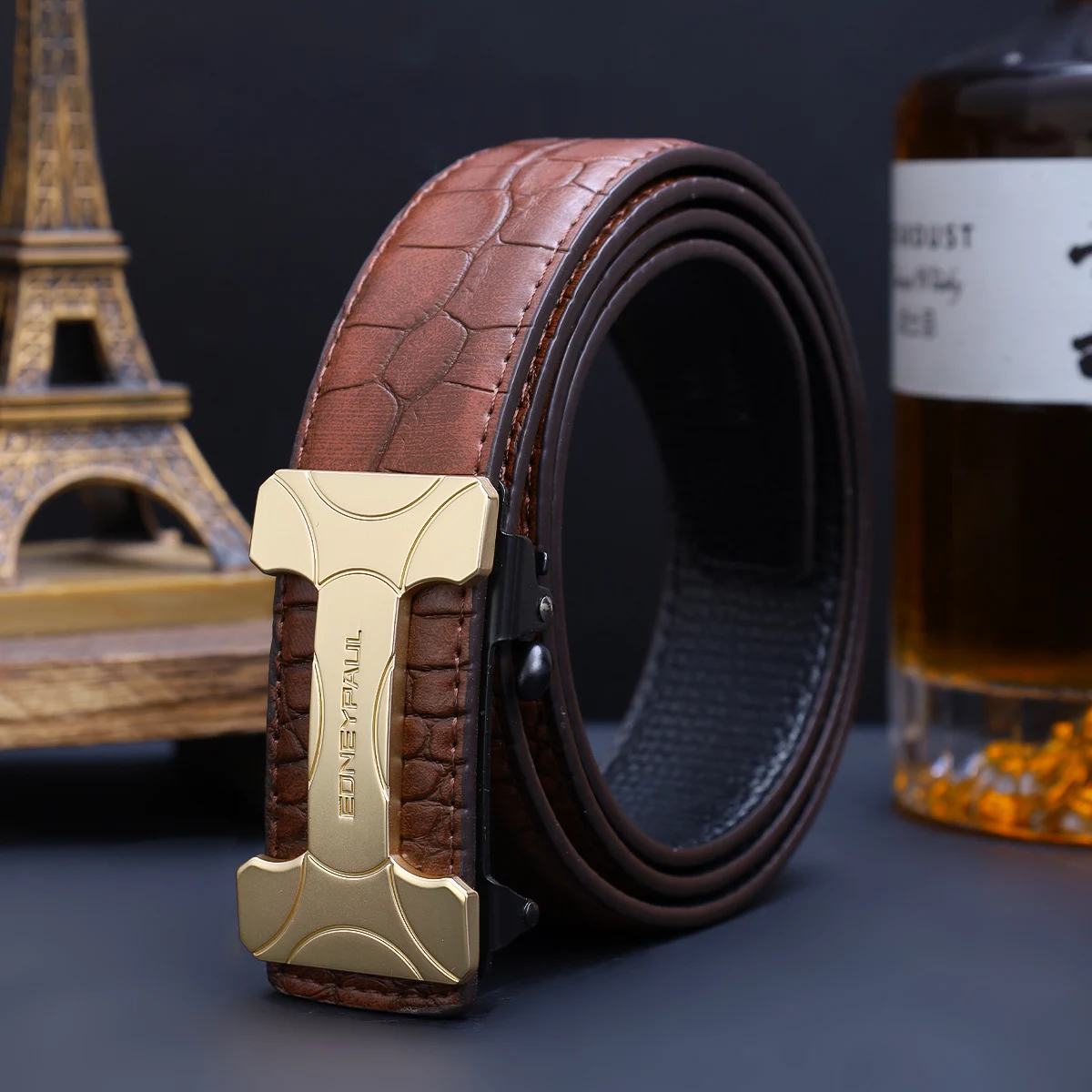 Men's Premium PU Leather Belt with Automatic Sliding Buckle - Business Style