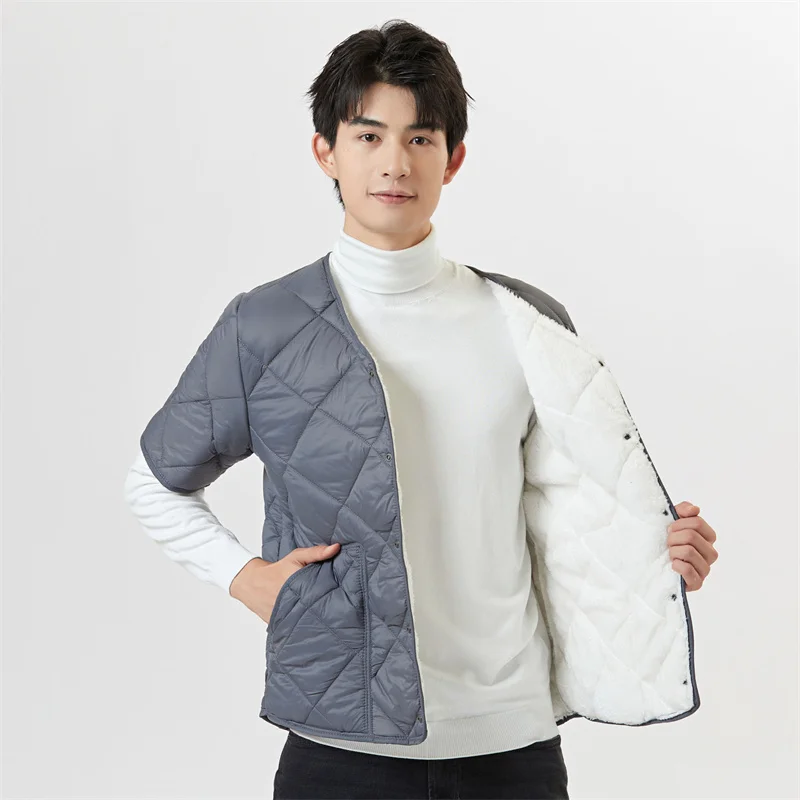 Winter Men's Cotton Jacket Short Sleeve Plush Warm Home Cotton Clothes Solid Color Loose Fitting Cardigan Comfortable Tank Top