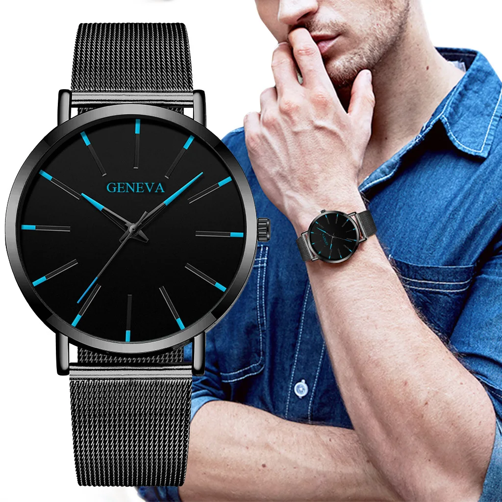 

GENEVA Top Brand Mens Watch Simple Ultra Thin Quartz Watch Stainless Steel Mesh Belt Fashion Business Men's Clock Montre Homme