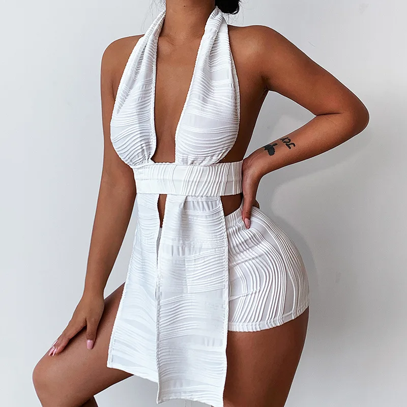 Bandage Halter Tie Up Tops 2 Piece Sets Crop V-Neck White Ruched Short Cargo Pant Sexy Casual 2022 Summer Clothes Elegant Outfit