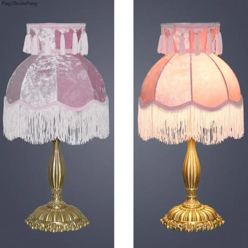 Victoriaanse Lampenkap 20cm Met Kwastjes - Vintage Gouden Stoffen Kap Voor E27 Tafellamp