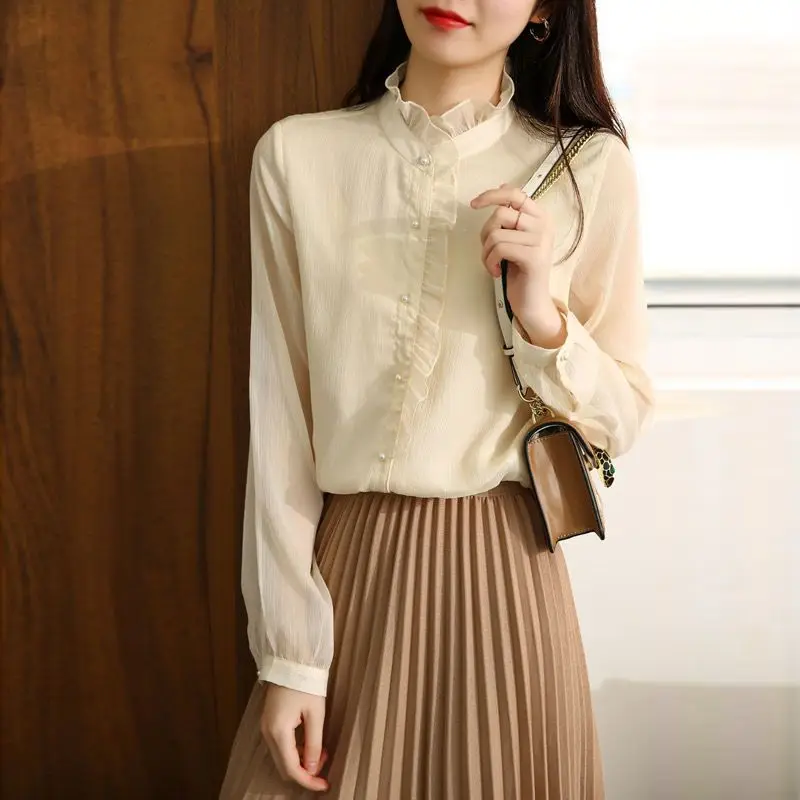Fashion Long Sleeve Stand Collar Casual Solid Color Simplicity Spring Summer New Thin Gauze Ruffles Office Lady Women's Blouses