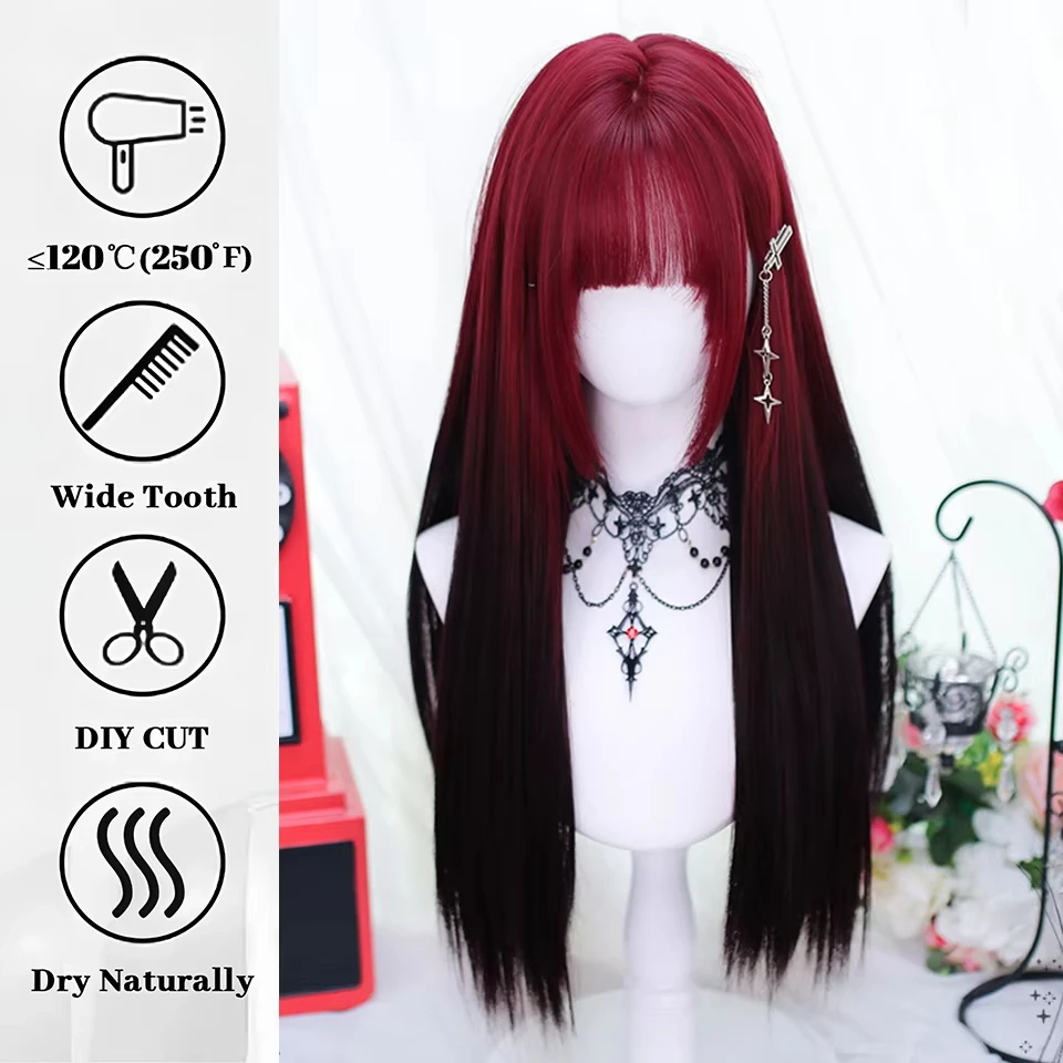 Synthetic Long Straight Red Ombre Black Cosplay Wig