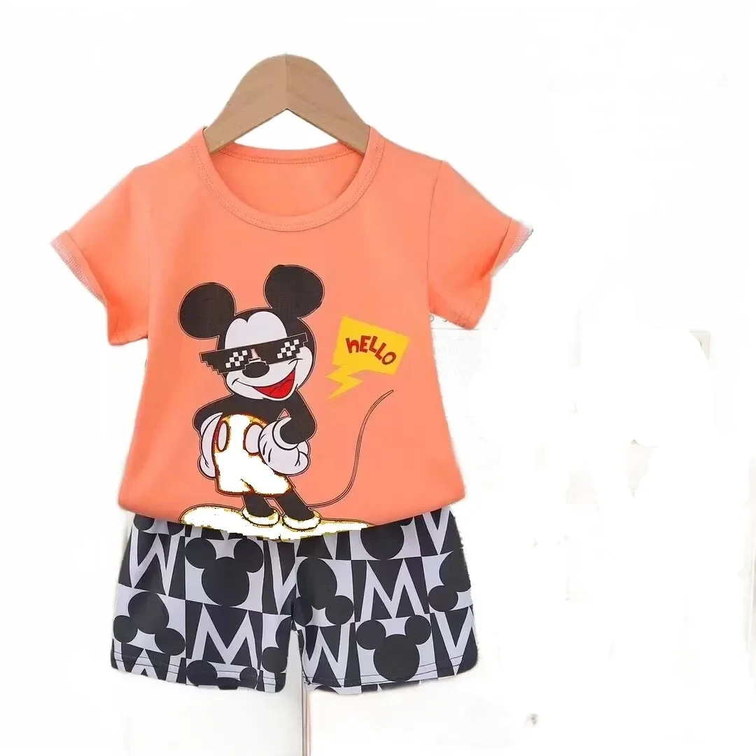 

2024 Summer Mickey Children's Short Sleeve Set Cotton Tees Pants Tracksuits Boys Clothes set Casual Two Piece