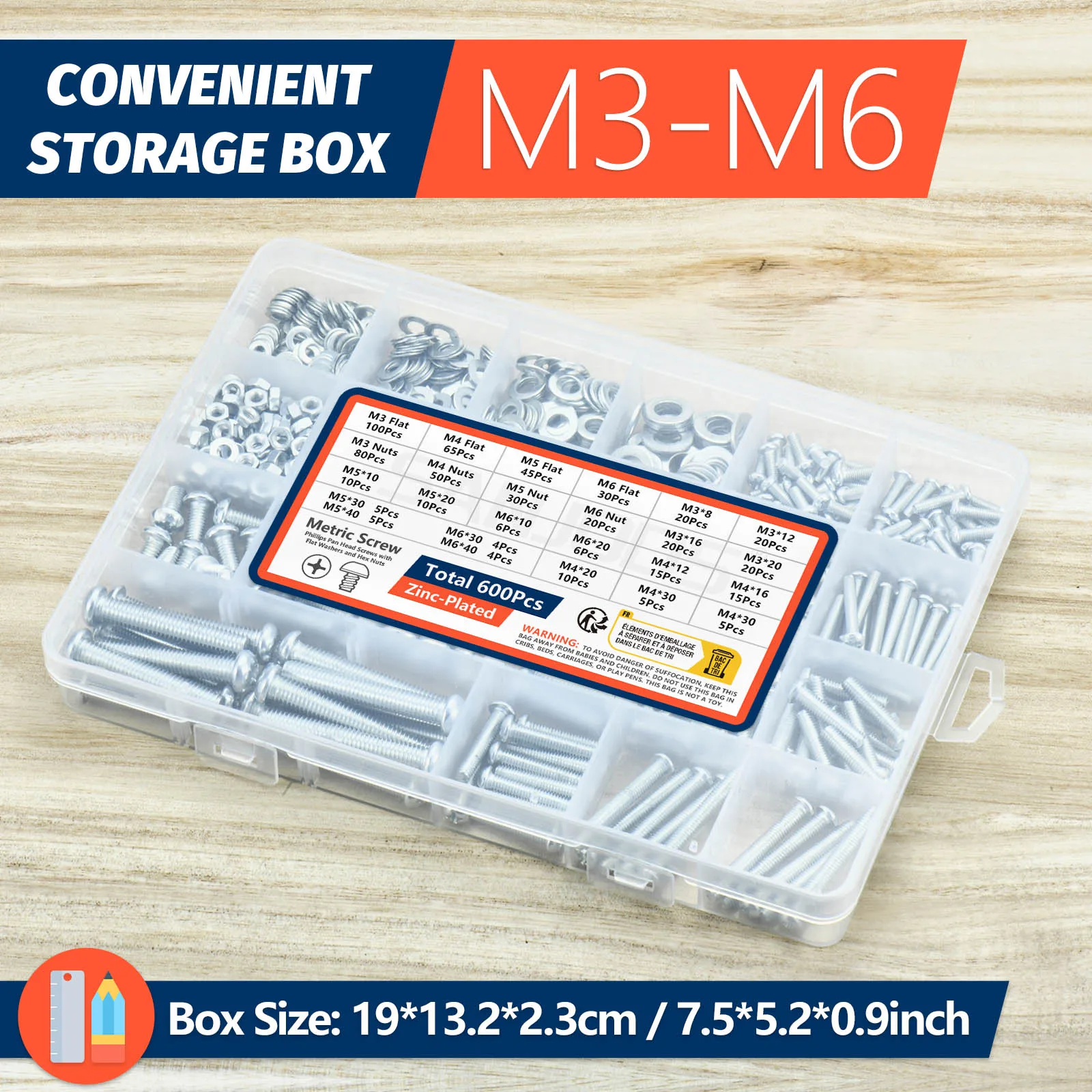 Screw and Nut Kit 600Pcs Screws Bolts and Nuts Assortment Metric Machine Screws and Flat Washers M3 M4 M5 M6 Phillips Pan Head Sets-16 Sizes