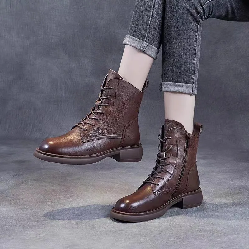 Shoes for Women 2023 Fashion Ankle Women's Boots Outdoor Modern Boots Women Lace Up Side Zip Round Toe Chunky Heel Ladies Shoes