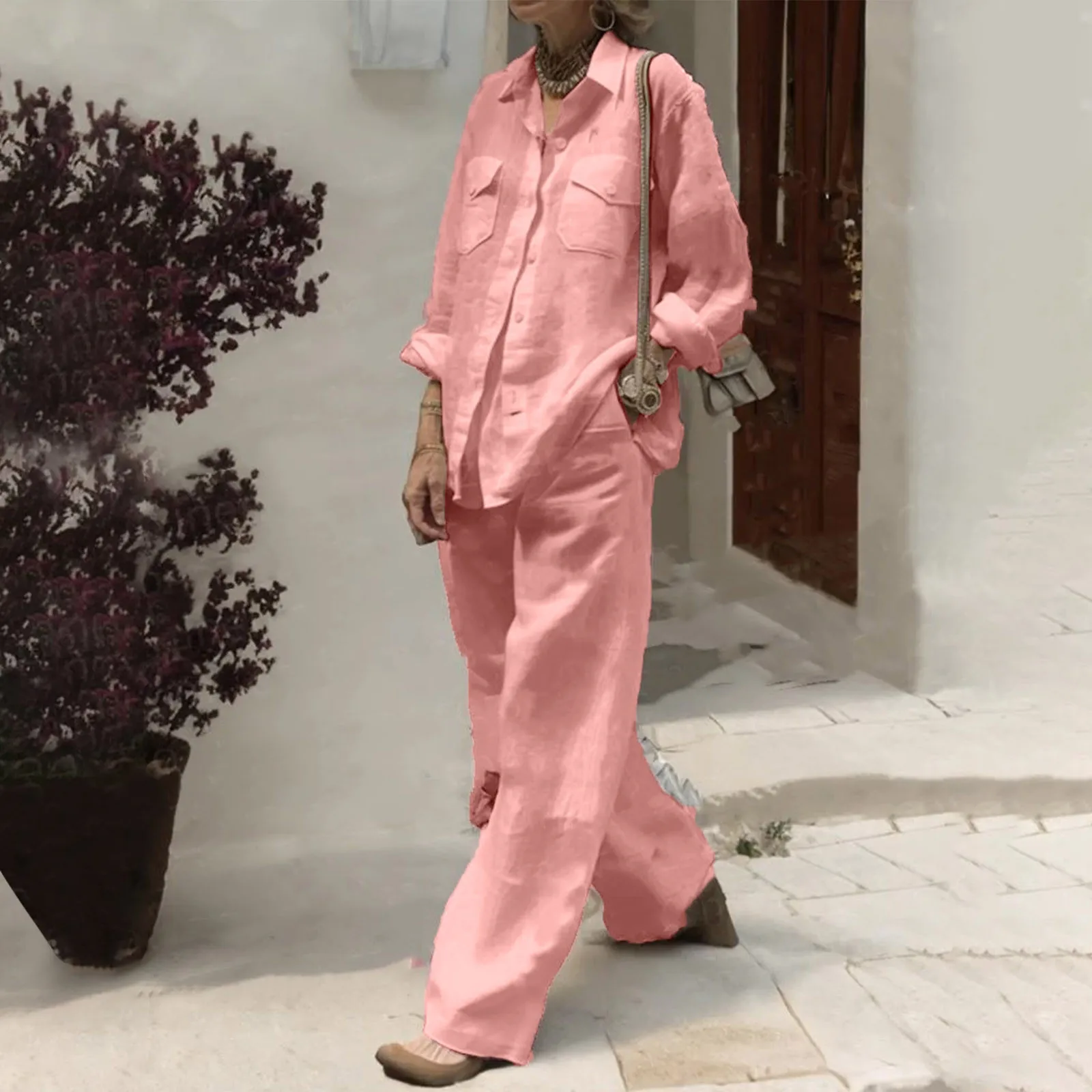 Casual Women Two Piece Button Blouse Shirt and Wide Leg Pant Suits