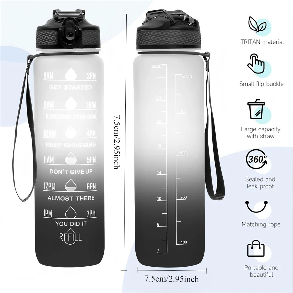 1-Liter Motivational Water Bottle with Time Marker & Straw – Fitness & Office Hydration Solution
