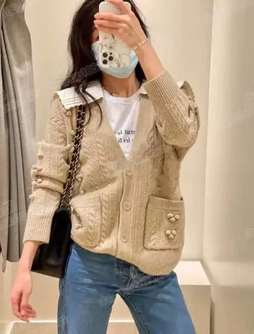 

Women Elegant V-neck Sweater Single Breasted Removable Decoration Ball Loose Long Sleeve Knit Cardigan