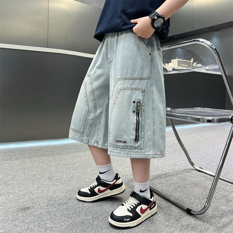 2026 키즈 여름 데님 반바지 남아용 블루 빈티지 지퍼 청바지 십대 아동 캐주얼 루즈핏 코튼 종아리 바지 5 7 9 11 13 14세