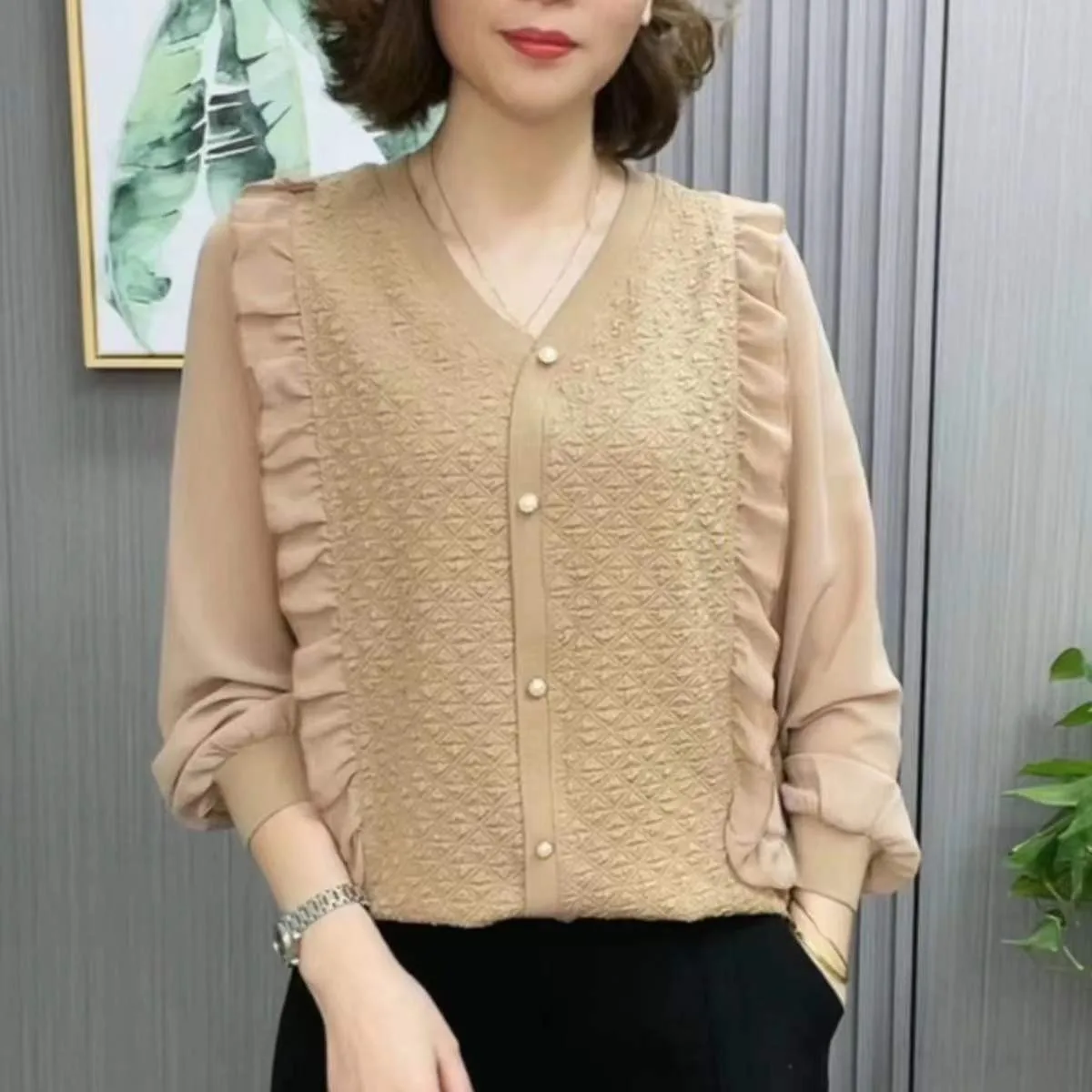 

Женская модная повседневная свободная Однотонная рубашка с длинным рукавом и оборками по краям в стиле пэчворк 2023 Офисная Женская универсальная рубашка оверсайз для женщин