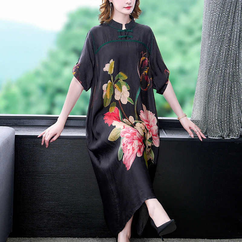 Summer Black Floral Silk Midi Dress Women Fake Elegant Loose Waist Robe 2024 Korean Vintage Casual Party Evening Dress