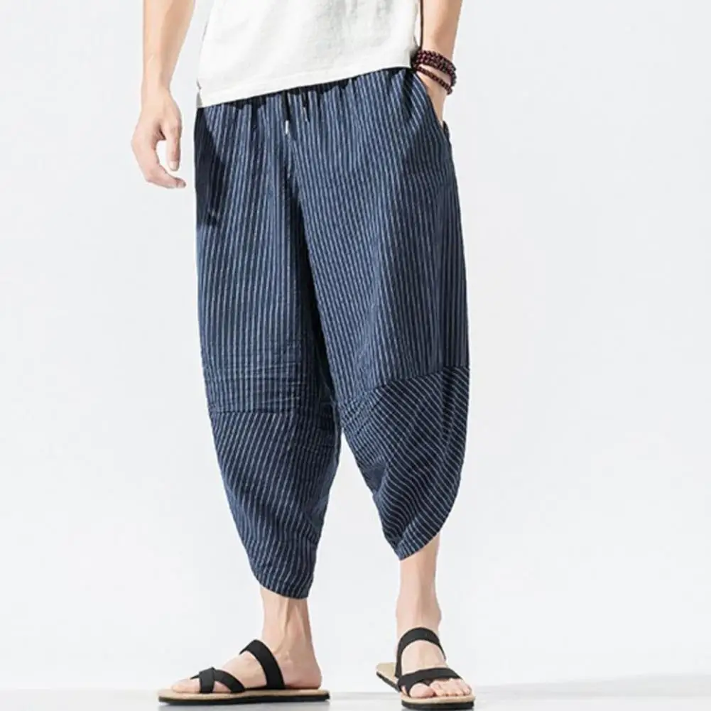 Description Picture 4 of itemMen Summer Cropped Pants Elastic Drawstring Waist Carrot Pants Vertical Striped Print Harem Pants Streetwear