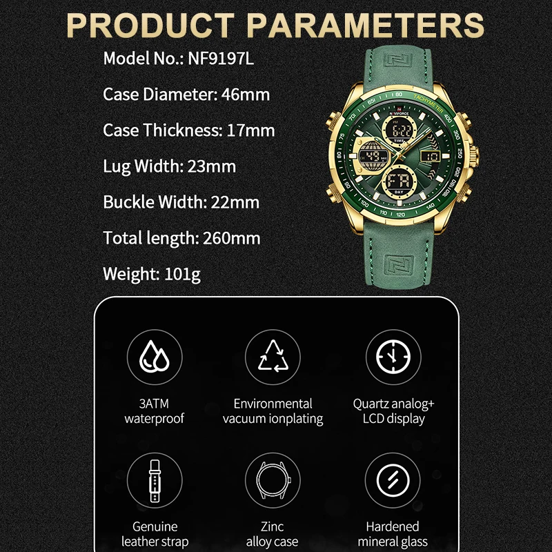 Orologio Uomo NAVIFORCE Cronografo Quadrato In Pelle Marrone Con Luce E Impermeabile 3ATM - 5