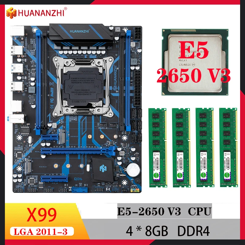 

huananzhi x99 qd4 motherboard 4*8gb ram kit intel xeon e5 2650 V3 lga 2011-3 combo motherboards cpu ddr4 for gamer