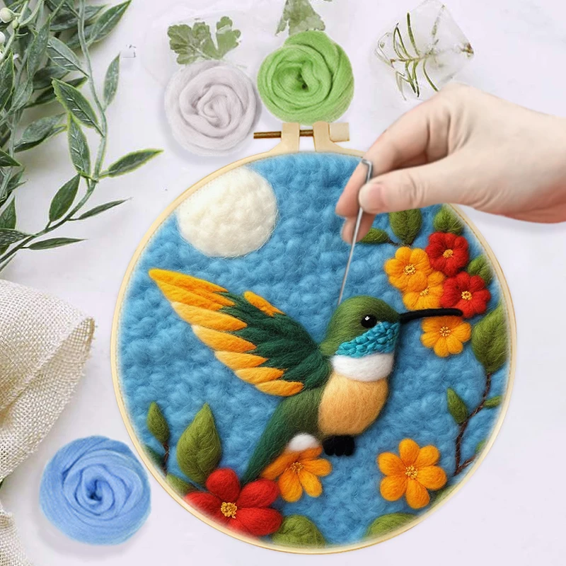 Diy Wool Felting Painting With Embroidery Frame 20x20cm Parrot Owl Bird Needle Wool Painting Picture For Diy Gift