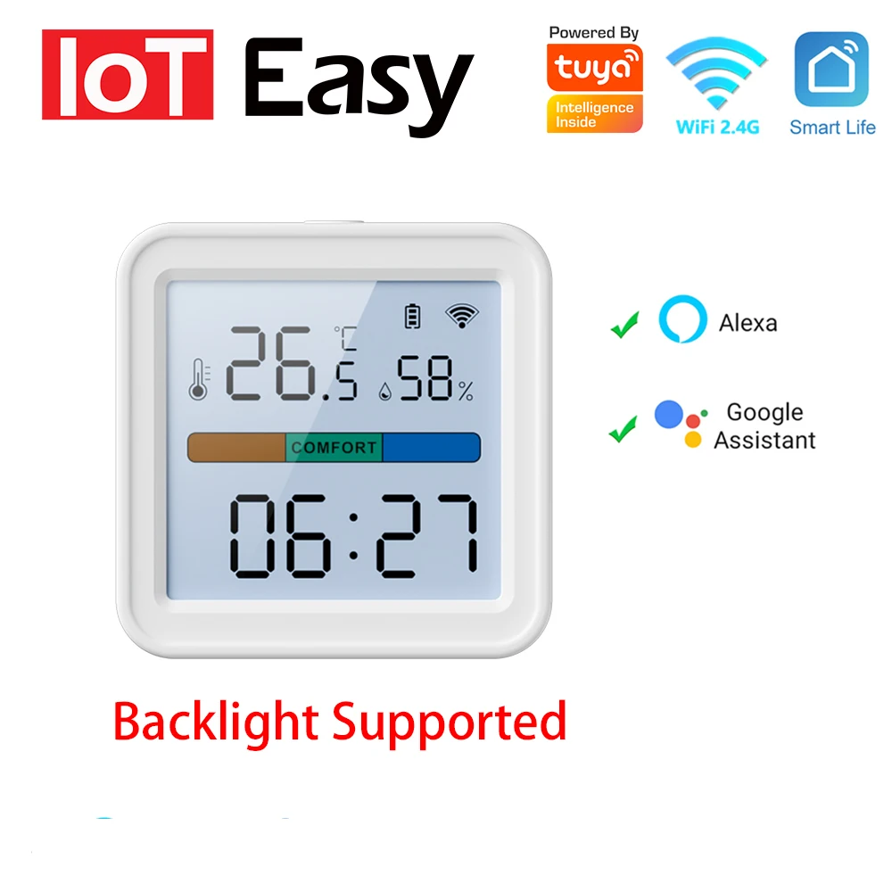 

Датчик влажности и температуры Tuya с Wi-Fi, гигрометр, термометр с подсветкой для умного дома, с поддержкой Alexa и Google Assistant