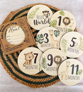 7PCS Puntelli per fotografia neonato Carta miliare mensile in legno Regalo per baby shower per ragazzi Ragazze Carte per annuncio di crescita della gravidanza 1