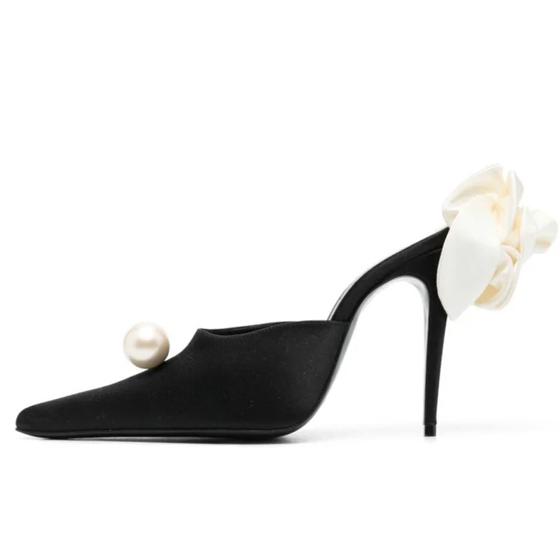 

Big Size 45 3D Flower Women Pearl Elegant Sandals Microfiber Stiletto Dress Shoes Thin High Heels Wide Fit Mules Slides