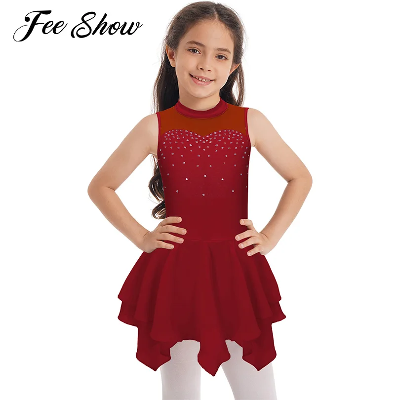 Kids Girls Shiny Rhinestone Figure Skating Dress Dancewear Sleeveless Hollow Back Mesh Patchwork Ballet Leotards Dance Costumes
