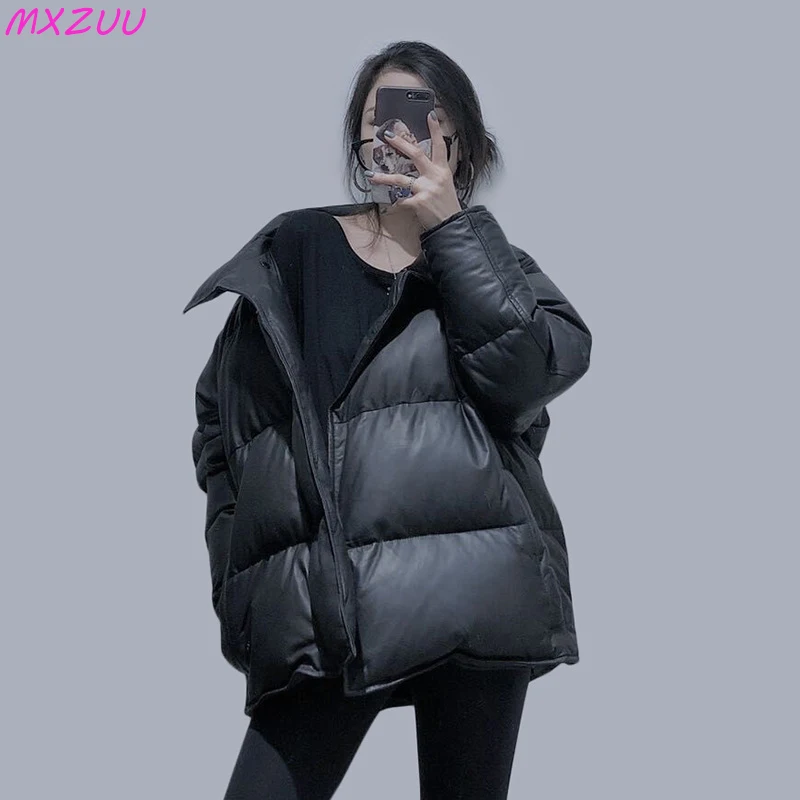 

Black Genuine Leather Down Jacket Women Soft Sheepskin 90% White Duck Down Coat Winter Mid-Length Stand Collar Veste Femme