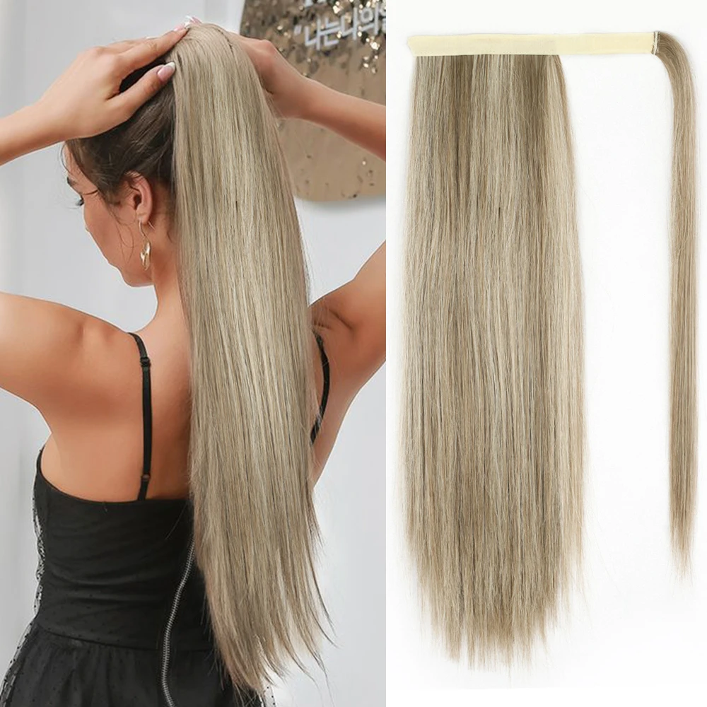 AISI Synthetic Long Straight Ponytail Wrap Around Clip in Ponytail for Women Daily Use Dirty Blonde Heat Resistant Fiber