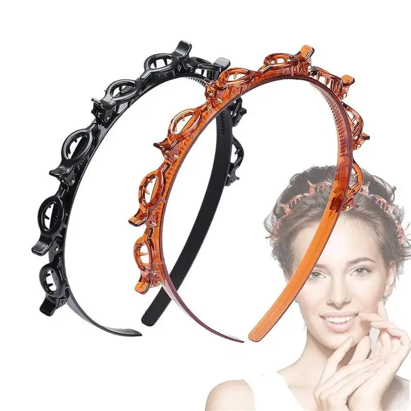 2 Stück Damen-Stirnbänder aus Kunststoff mit doppelter Schicht und geflochtenem Design für trendige Looks, rutschfeste Bänder für Reisen oder Laufen – Detail 3