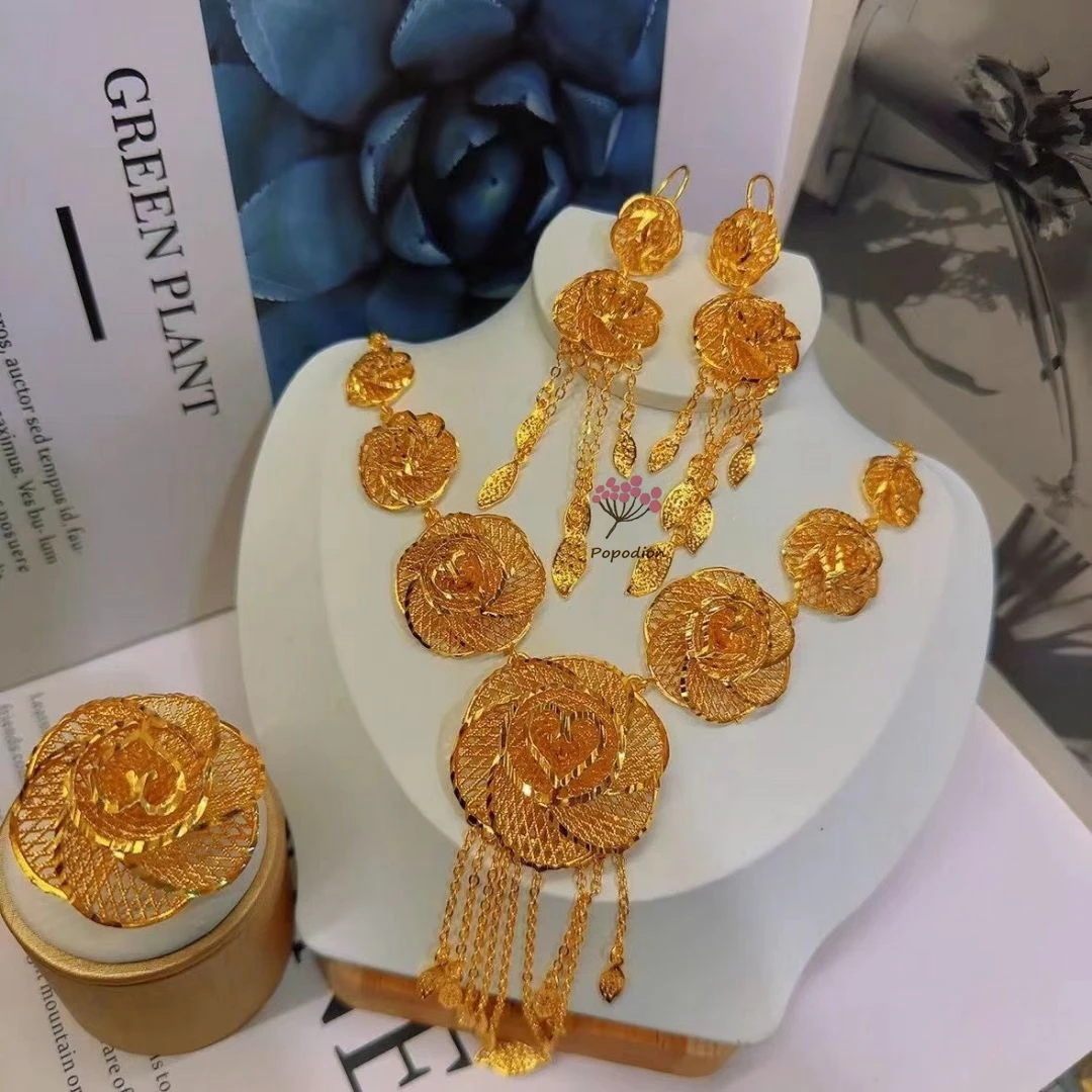 

New Dubai 24K Gold Plated Dubai Flower Jewelry Necklace Earrings Bracelet Ring 4-piece Jewelry Set 688
