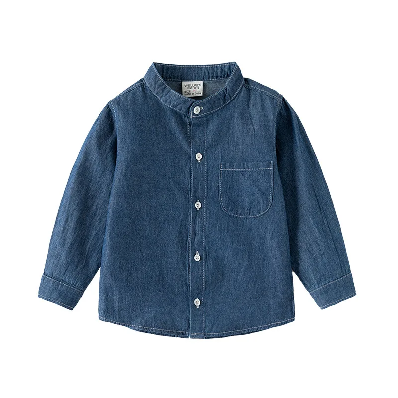 Spring Autumn 2 3 4 5 6 8 Years Patchwork Mandarin Collar Cotton Long Sleeve Classic Casual Kids Baby Boy Denim Shirt