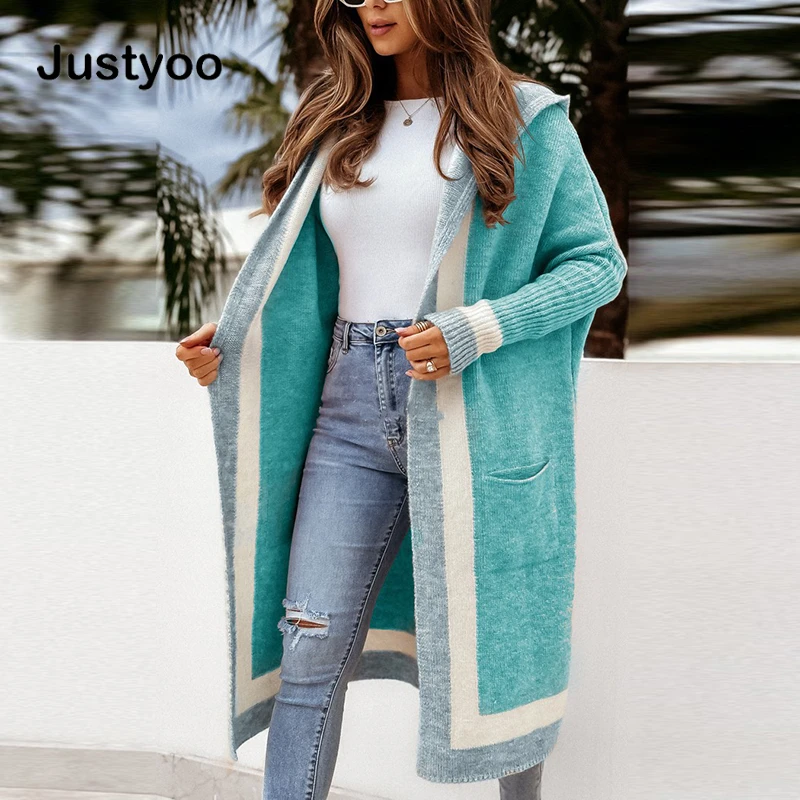 

Elegant Long Hoodies Cardigan for Women Sweater Office Knitwears Red Outerwears Sweaters Wool & Blends Blue Coat Mujer Cardigans