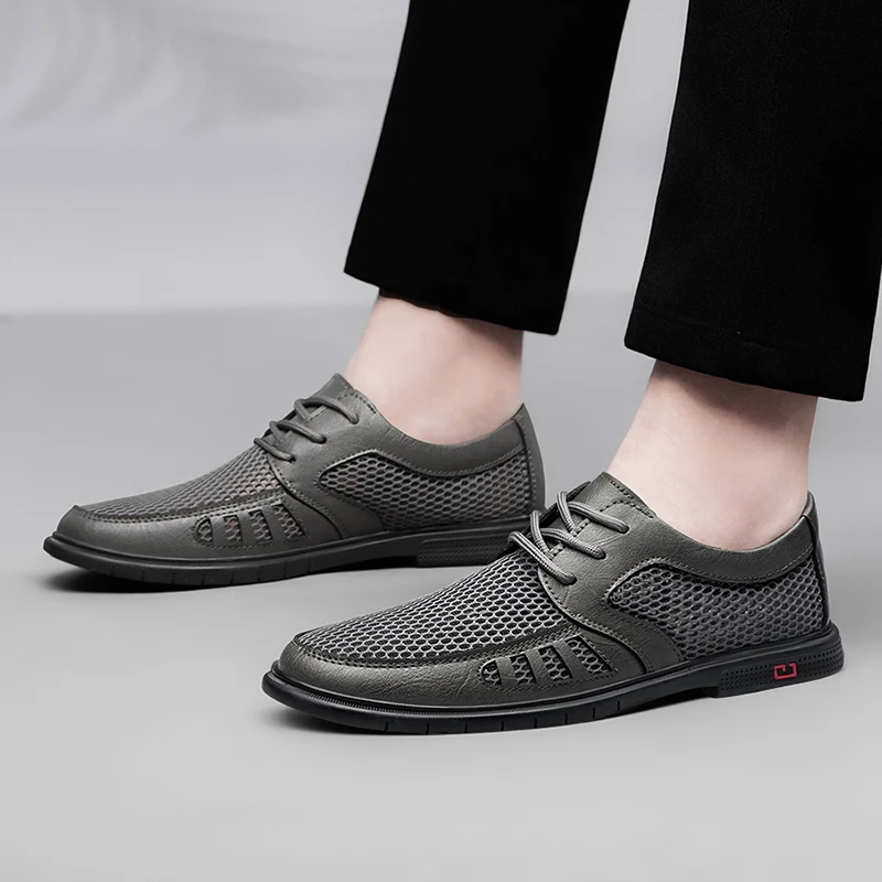Summer Business Men's Dress Shoes Mesh Breathable Man Fashion Casual Shoes Genuine Leather Oxfords Work Zapatos Hombre