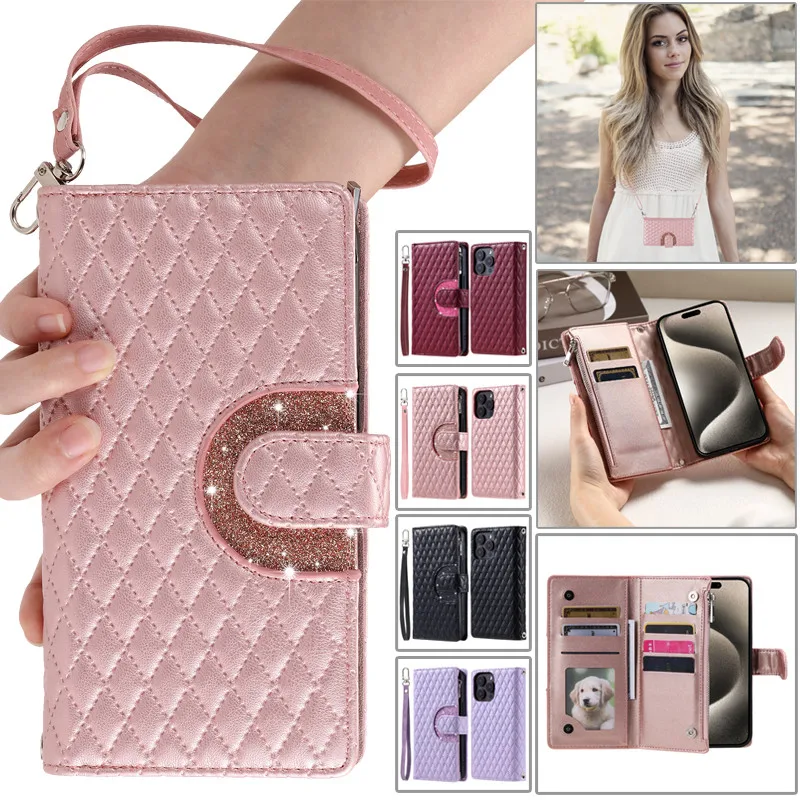 Premium Flip Leather Phone Case with Long Lanyard and Zipper Wallet Card Holder