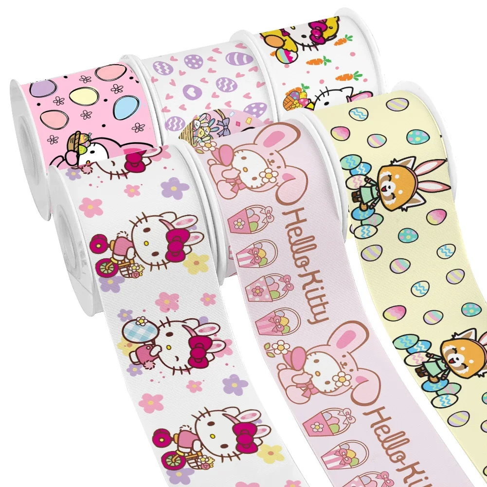 

Пасхальная атласная лента Sanrio с принтом персонажа, крупнозернистая лента для упаковки подарков, бант для волос, расстояние 50 ярдов