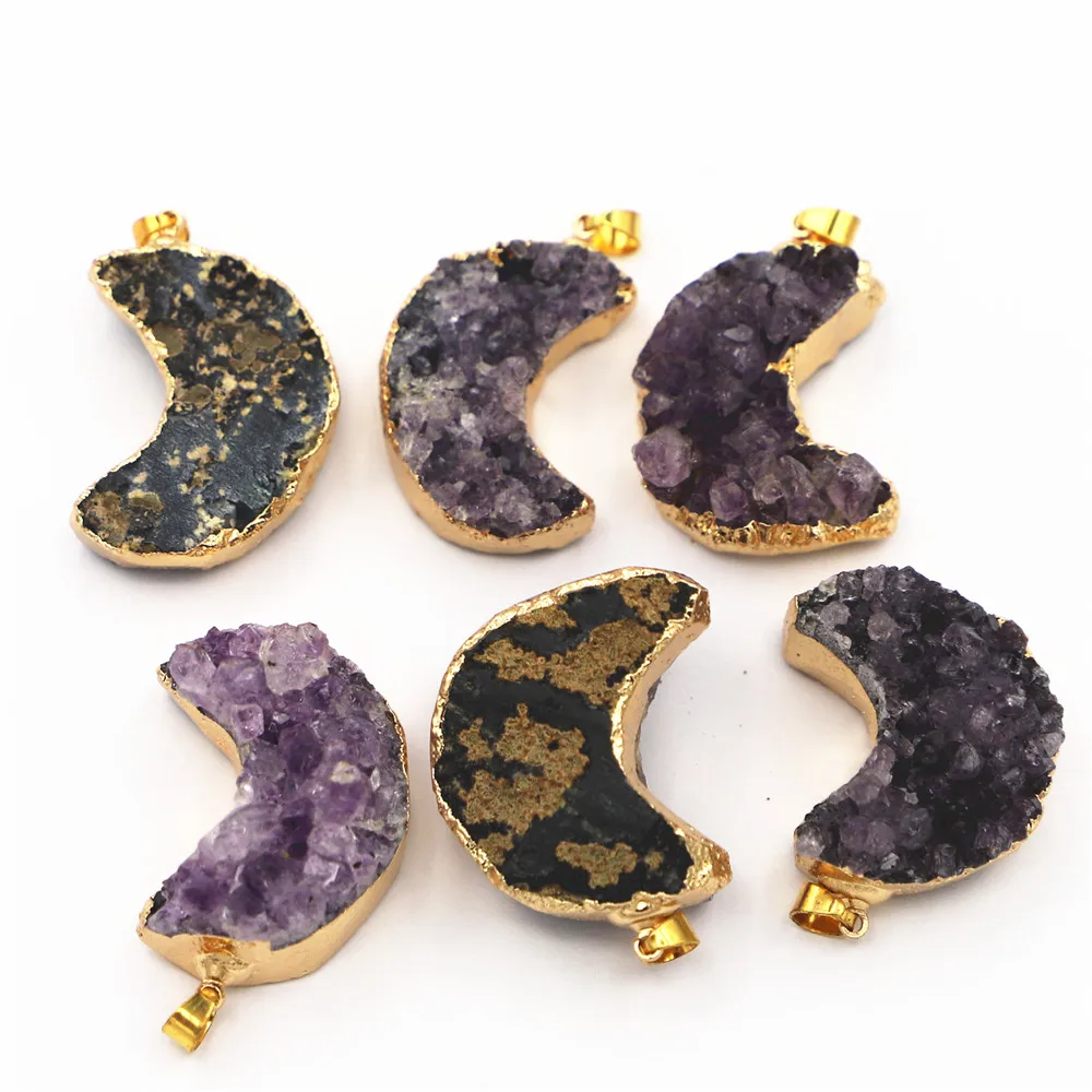 New Designer Natural Stone Druzy Cluster Heart  Pendants Charm Amethyst Healing Crystals Mens Necklace Women Jewelry Making 6PCS