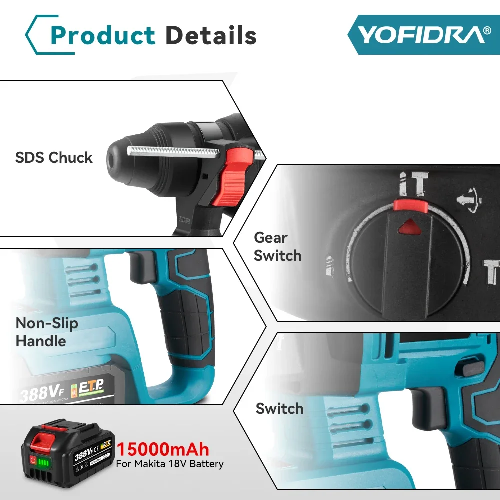 YOFIDRA 26MM Brushless Electric Hammer Drill Multifunctional Rotary Cordless Rechargeable Power Tools For Makita 18V Battery 4