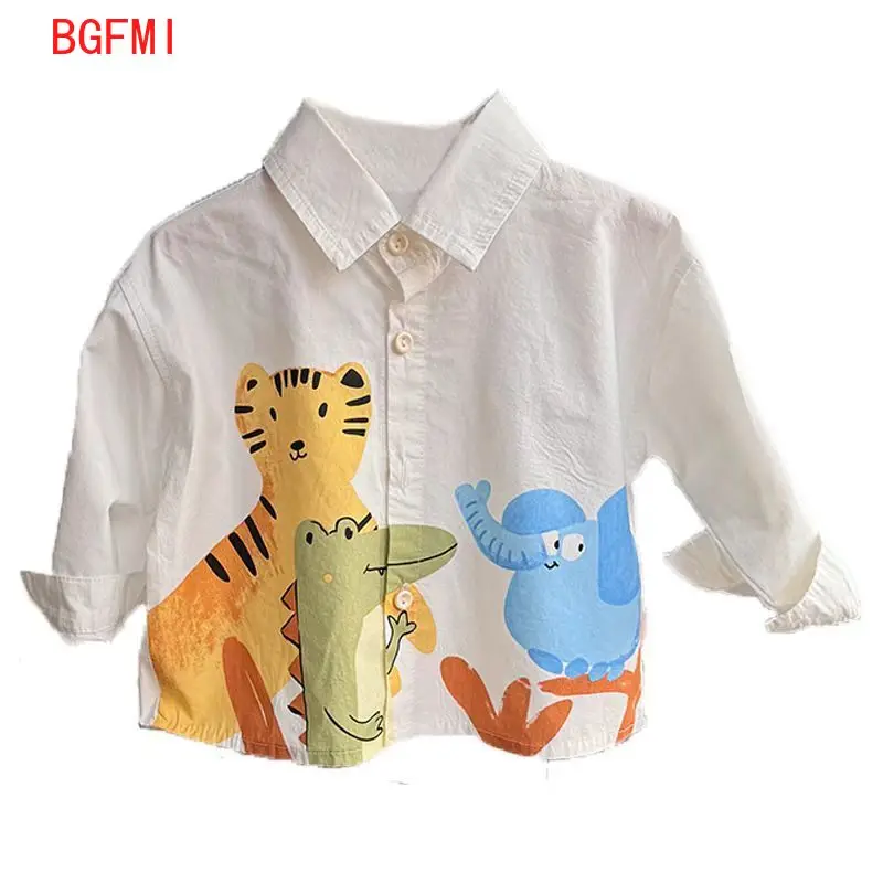 Korean Spring Autumn Clothing Boys Print Cotton Thin Shirts Kid Cartoon Turn-down Collar Loose Long Sleeve Infant Boy Top 1-6Y