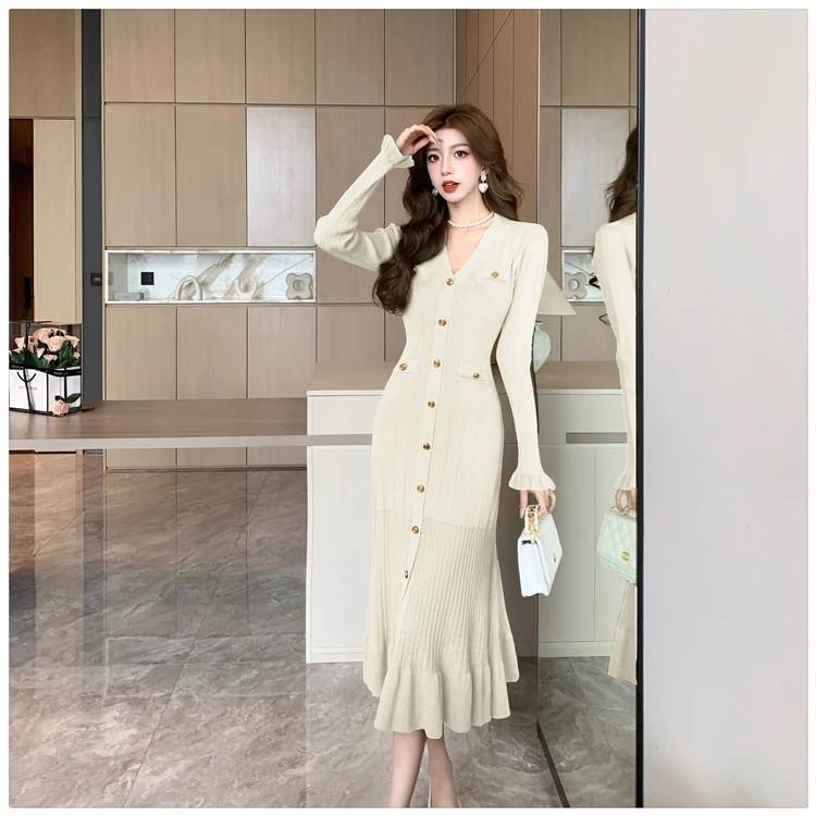 Autumn Solid Knitted Dresses for Women Single Breasted Chic Flared Sleeve Ruffles Hem Casual Female Office Elegant Robes