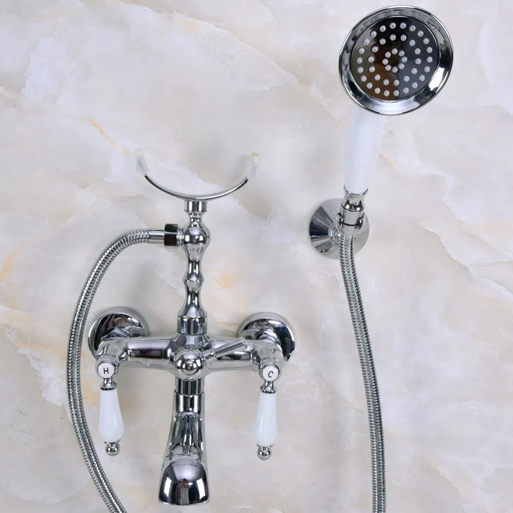 

Silver Chrome Brass Double Handle Wall Mounted Bathroom Bath Tub Faucet Set with 150CM Hand Held Shower Spray Mixer Tap 2na238