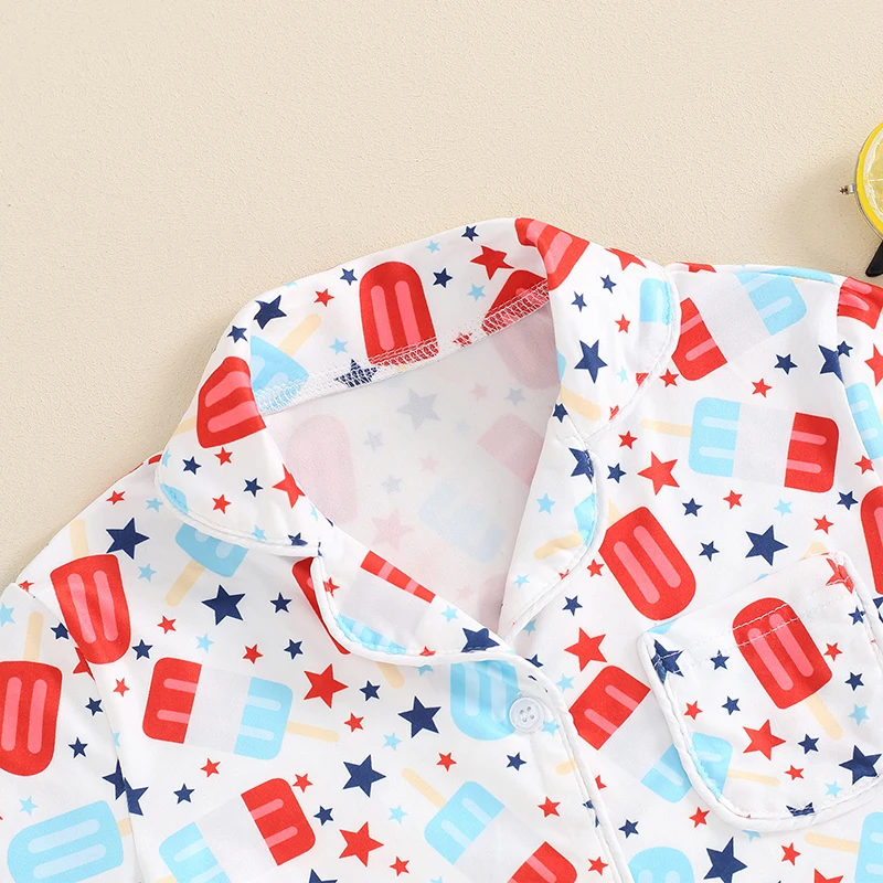 Toddler Boys Girls 4th of July Pajamas Set, Star Print Short Sleeve Button Down Tops Elastic Waist Shorts Summer Lounge Outfit